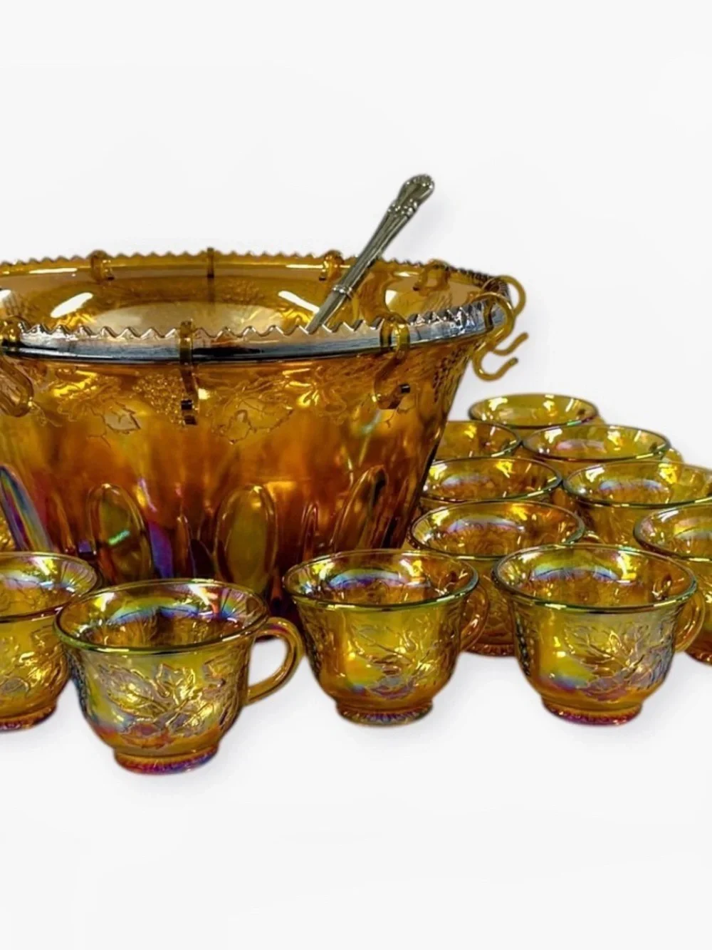 Vintage Indiana Glass Harvest Grape Marigold Carnival Punch Bowl Set 12 Cups